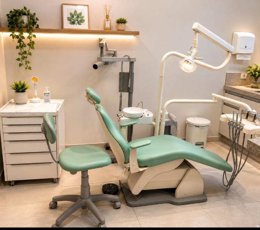 Consultório odontológico limpo com cadeira verde-água