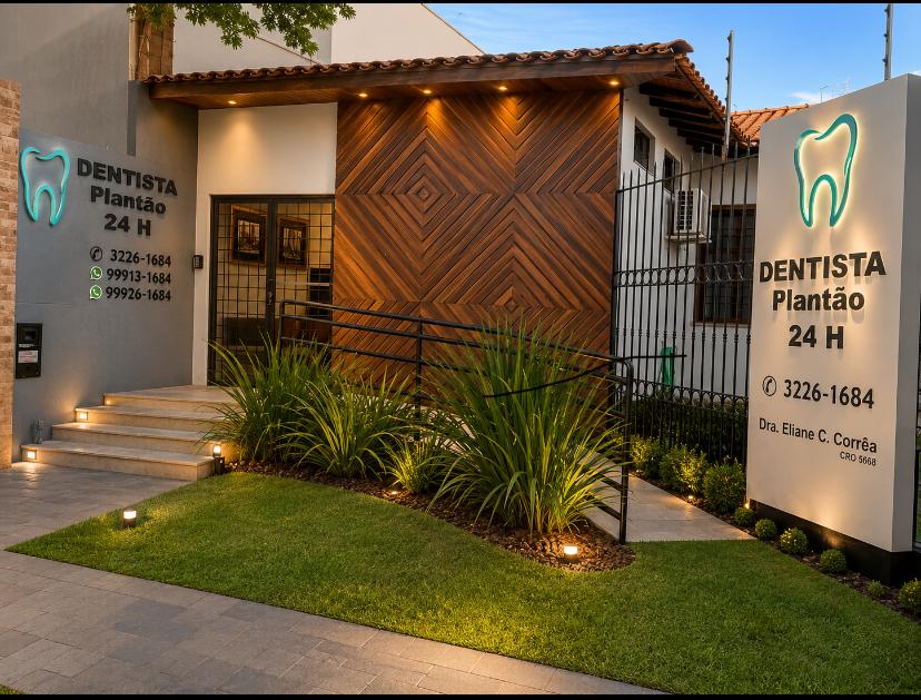 Fachada noturna do consultório odontológico 24 horas em Maringá